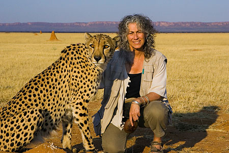 Dr. Laurie Marker with cheetah "Chewbacca" (CCF's ambassador cheetah that was rescued from a trap on a livestock farm and raised by Dr. Marker) Cheetah Conservation Fund, Namibia
