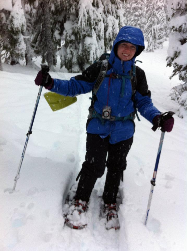 Davis snowshoeing on torn hip flexor – woman scientist